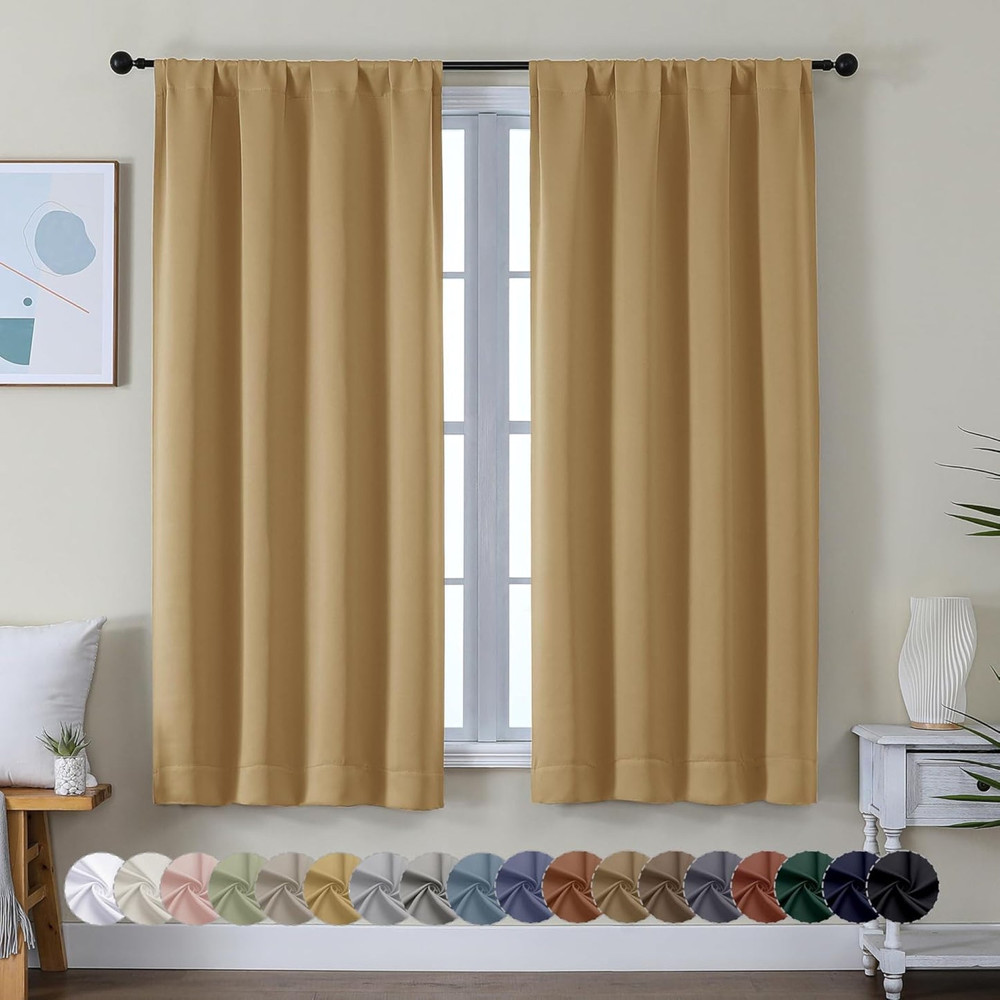 Simplebrand Ava Sage Green Blackout Curtains for Bedroom 63 Inch Length 2 Panels Set, Solid Thermal Insulated Energy Saving Rod Pocket Window Treatment Curtains Blackout Drapes, W40 x L63 Inch, Sage - Colors A