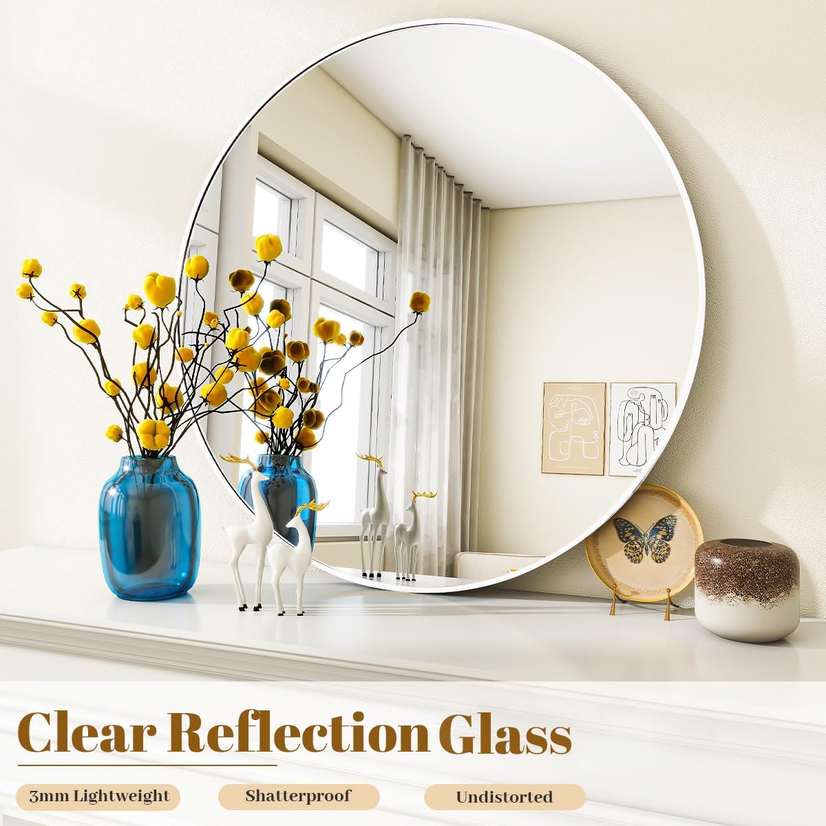 VooBang Large Black Round Bathroom Mirror, 48 inch Circle Wall Mounted Hanging Mirror with Simple Modern Circular Metal Frame for Hallway, Entryway, Living Room, Black Frame