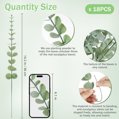 18pcs Eucalyptus Stems Greenery Stems Fake Leaves Artificial Flowers Bouquet Faux Branches Centerpiece Flores Plants for Home Party Decor Wedding Decoration