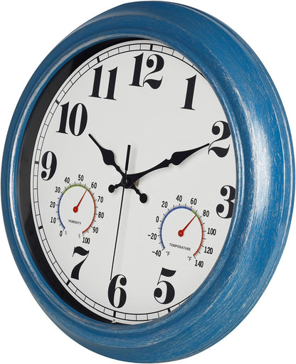 JENLYSTIME 12 Inch Indoor/Outdoor Retro Waterproof Wall Clock with Thermometer Silent Round Quartz Battery Operated Easy to Read Decorative for Kitchen Patio,Bathroom,Deck,Porch,Pool(Blue)
