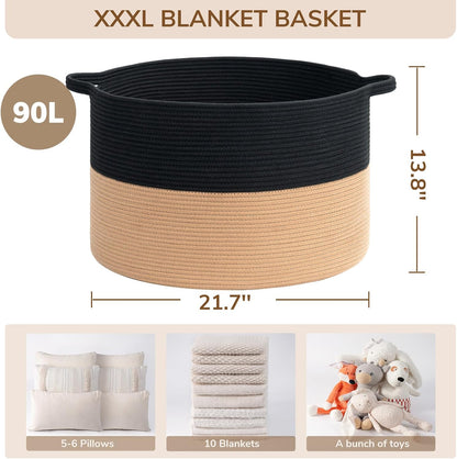 INDRESSME XXXLarge Blanket Basket for Living Room 21.7" x 21.7" x 13.8"-Storage Basket with Handle for Organizing Toy Pillows Woven Cotton Rope Laundry Basket Stuffed Animal Toy Storage for Play Room