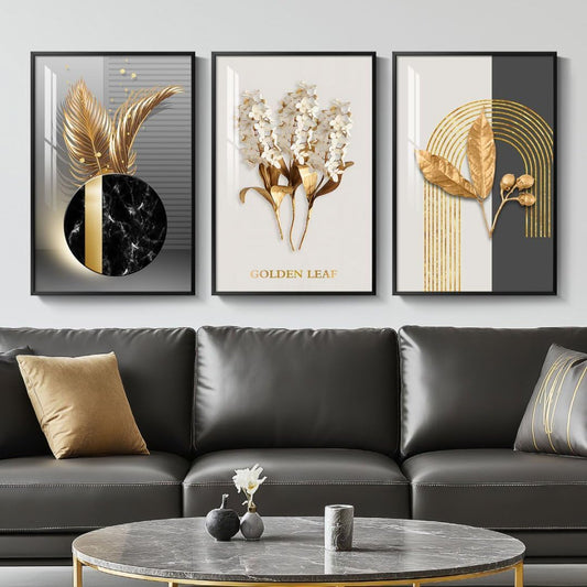 Framed Modern Luxury Gold Wall Art, Set of 3 Piece Contemporary Paintings Artwork for Walls, Golden Prints Pictures with Gold Frame, Wall Decor for Living Room, Hallway, Bedroom, Office 16x24 Inch