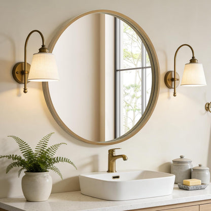 WallBeyond Wood Round Mirror with Wood Frame 24 inch Circle Wall Mirror for Bathroom Round Wall Mirror for Wall Decor, Vanity, Entryway Living Room (Walnut)