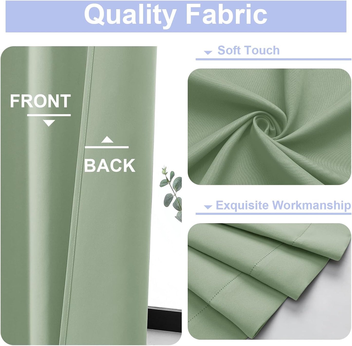 Simplebrand Ava Sage Green Blackout Curtains for Bedroom 63 Inch Length 2 Panels Set, Solid Thermal Insulated Energy Saving Rod Pocket Window Treatment Curtains Blackout Drapes, W40 x L63 Inch, Sage - Colors C