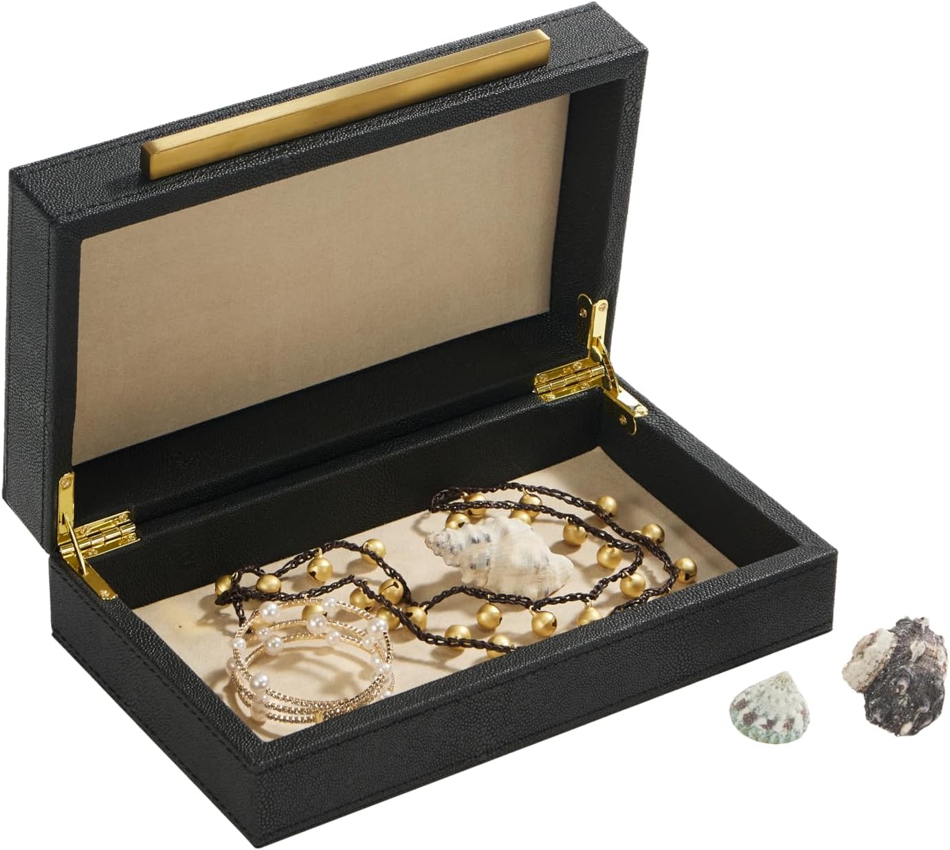 Sagala Set of 2 Ivory Shagreen Decorative Boxes With Brushed Gold Metal Handles, Faux Leather Jewelry Boxes Modern Storages Photo Memory Boxes Home Organizer Boxes (Ivory-Gold, 2pack)