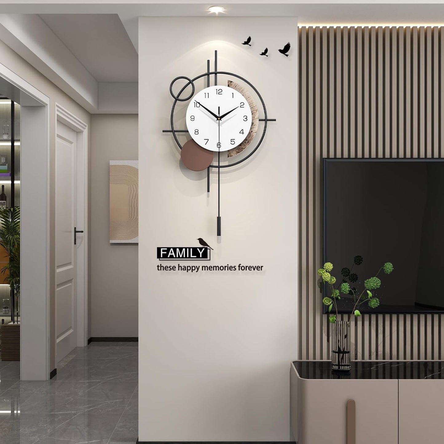 Wall Clock for Living Room Decor Decorative Wall Clock with Pendulum Silent Quartz Battery Operated Black Metal Large Clock for Dining Room,Kitchen,Home,Bathroom,Bedroom,13.8x21.3 in