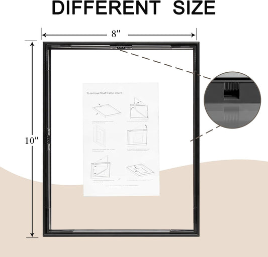 FrameWorks 8”x10” Deluxe Black Aluminum Contemporary Style Floating Picture Frame with Tempered Glass