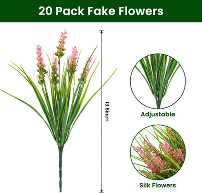 20 Bundles Artificial Plants Outdoor, UV Resistant Fake Flowers， Realistic Faux Lavender Shrubs for Porch Garden Window Box Home Decoration (Purple)