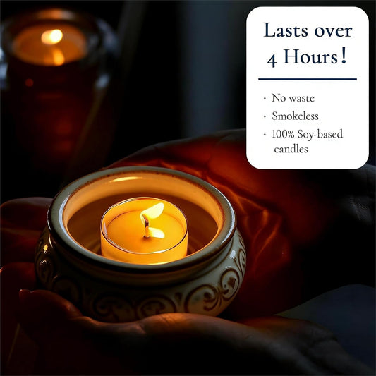 Soy Wax Tealight Candles 100 Packs, 4 Hour Long Burning, Unscented White Smokeless Candles, Non-Toxic Paraffin-Free Clear Acrylic Cup Tea Lights for Weddings, Home, Emergencies & Dinner
