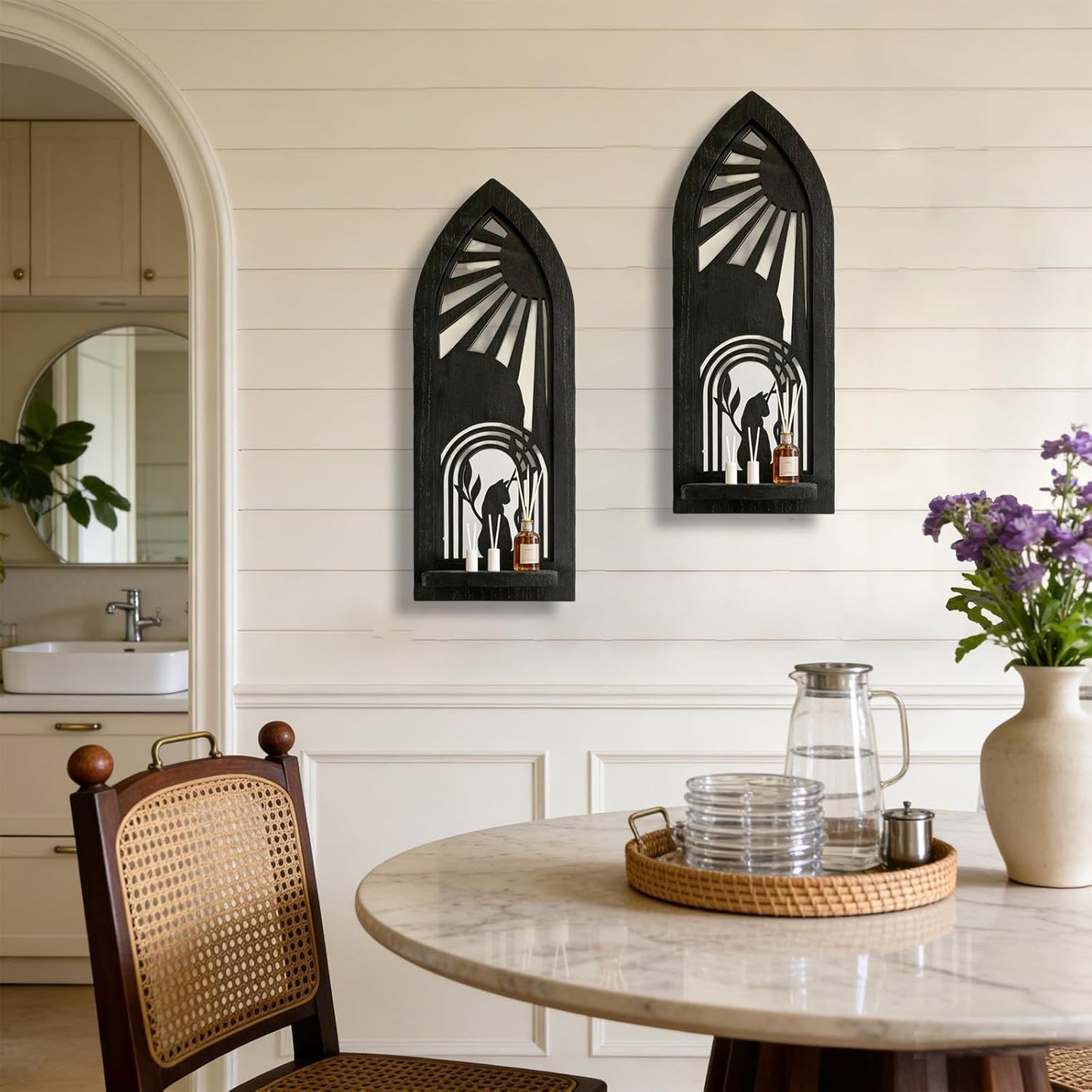 Wood Wall Sconce Candle Holder Set 2, Rustic Wall-Mount Candle Holders, Farmhouse Hanging Wall Décor, Carved Wood Frame, Mirrored Candle Holder (Distressed White)