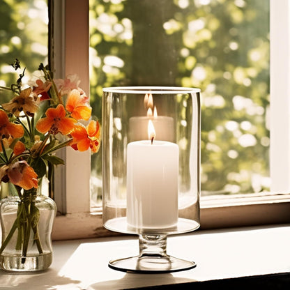 CYS EXCEL Glass Hurricane Pillar Candle Holder (H:6" W:3.75") | Multiple Size Choices Short Stem Candle Centerpieces | Stemmed Glass Cylinder Candle Vase