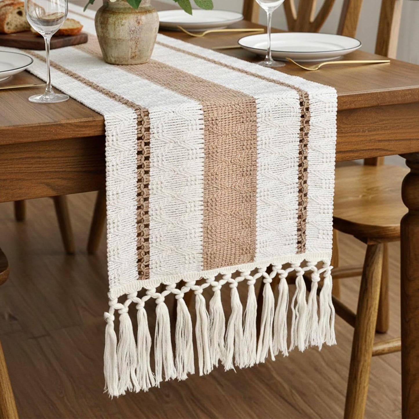 FEXIA Boho Table Runner for Thanksgiving Fall Christmas Home Decor with Tassels 72 Inches Long Pottery barn Furniture Farmhouse Rustic Macrame Burlap Table Decoration for Living Room (12x72 Inches)