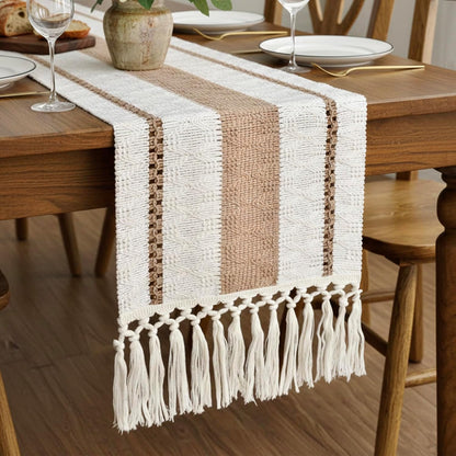 FEXIA Boho Table Runner for Thanksgiving Fall Christmas Home Decor with Tassels 72 Inches Long Pottery barn Furniture Farmhouse Rustic Macrame Burlap Table Decoration for Living Room (12x72 Inches)