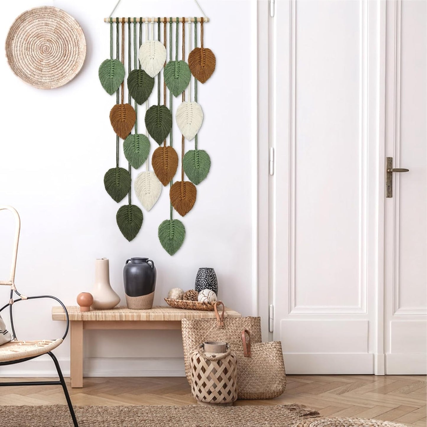 KHOYIME Large Macrame Wall Hanging Boho Woven Tapestry, Chic Home Decor Modern Bohemian Handmade Leaf Feather Wall Art Decorations for Apartment Dorm Living Room Bedroom Nursery Backdrop 39"W X 29.5"L