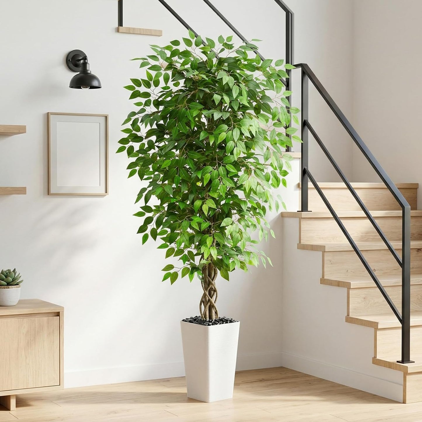 Artificial Ficus Tree 6FT Faux Plants Indoor Tall Fake Plants with White Planter, Green Lifelike Lush Fake Ficus Tree for Home Living Room Bedroom Outdoor Balcony House Office Decor