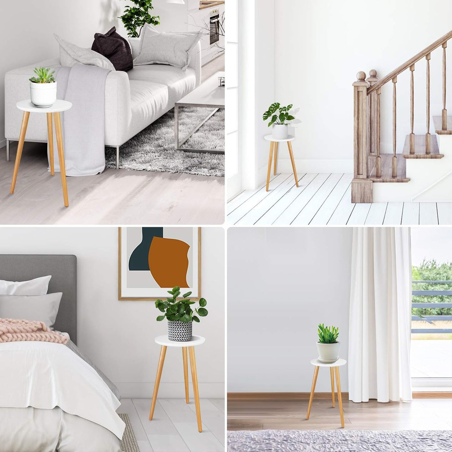 Uneedem Wood Mid Century Plant Stand for Indoor Plants, Modern Table, Tall Holder for Flower Pots, Small Round Side/End Table(A2 White, High: 16.5")