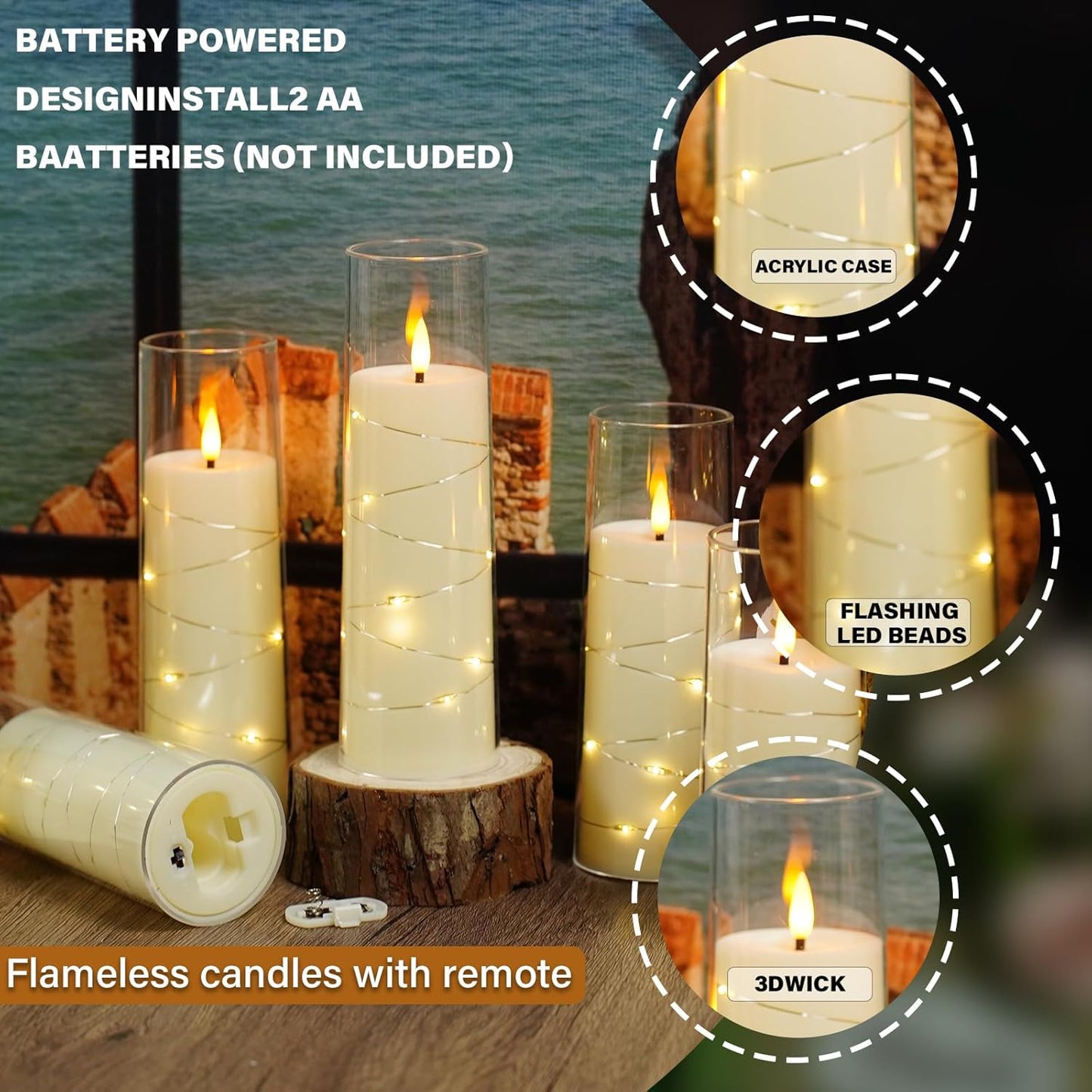 Nimiko Flickering Flameless LED Candles, 9 Pcs with Embedded Star String, Acrylic LED Pillar Candles with Remote, Suitable for Home Decoration (White)