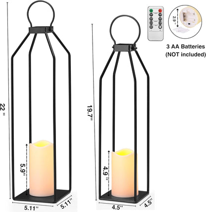 Perfnique Modern Farmhouse Lantern Decor, 15'' 13'' Set of 2 Black Metal Lantern, 2 LED 6hr Timer Flameless Candles ＆ Remote Timer, Lanterns Decorative for Outdoor, Home, Indoor, Patio, Christmas