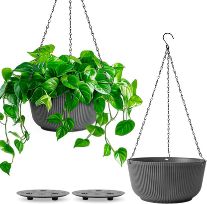 T4U 10 Inch Hanging Planters for Indoor Plants, 2 Pack White Self Watering Hanging Plant Pot, Hanging Pots Set with Drainage Hole & Plug & Chain with 3 Hooks for Garden Home Decor