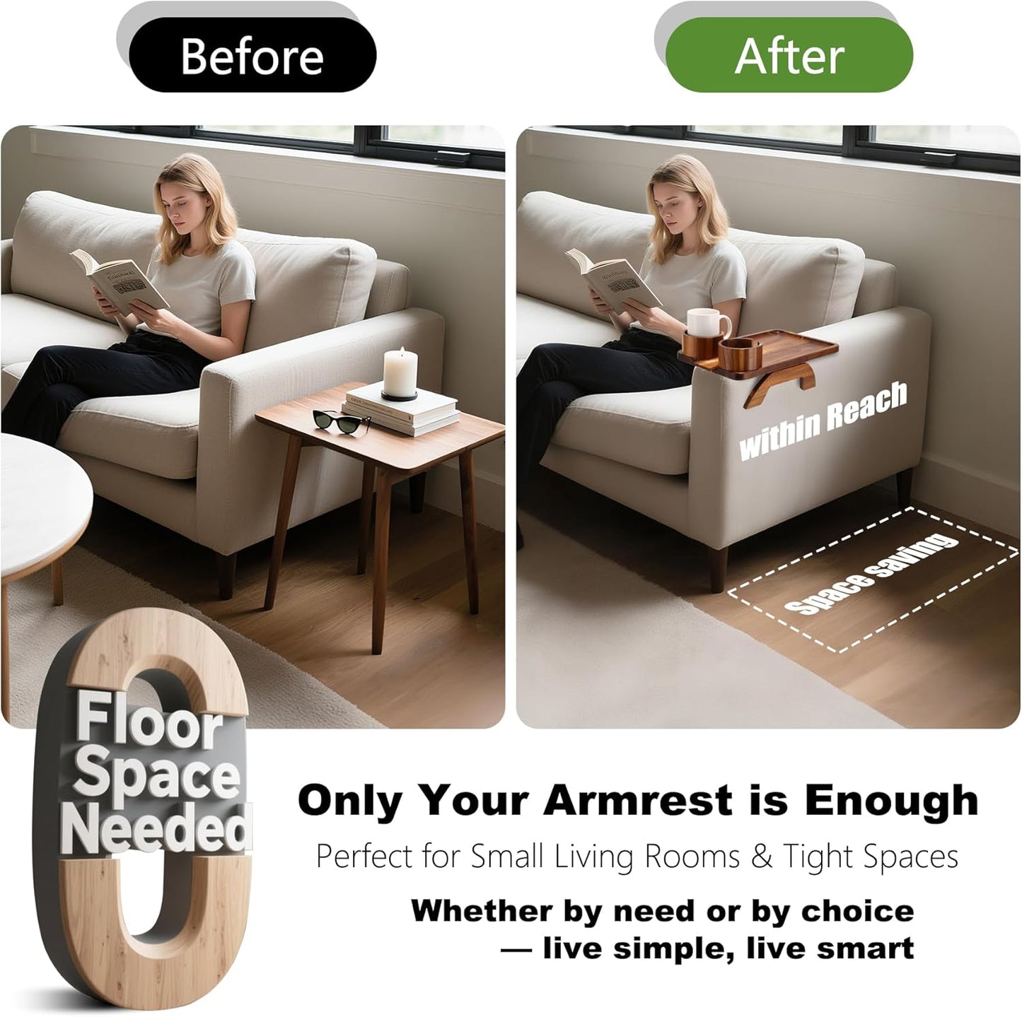Nnewvante Couch Cup Holder Tray, 3 in 1 Large 15.36"x9.85" Acacia Wood Sofa Arm Clip on Tray Table with 360°Rotated Phone Holder on Armrest