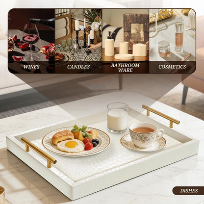 SXNOWS 17"x12" Cream Faux Leather Serving Tray with Gold Handles, Rectangle Decorative Tray for Ottoman, Coffee Table, Kitchen, Bar, Gift for Home Decor