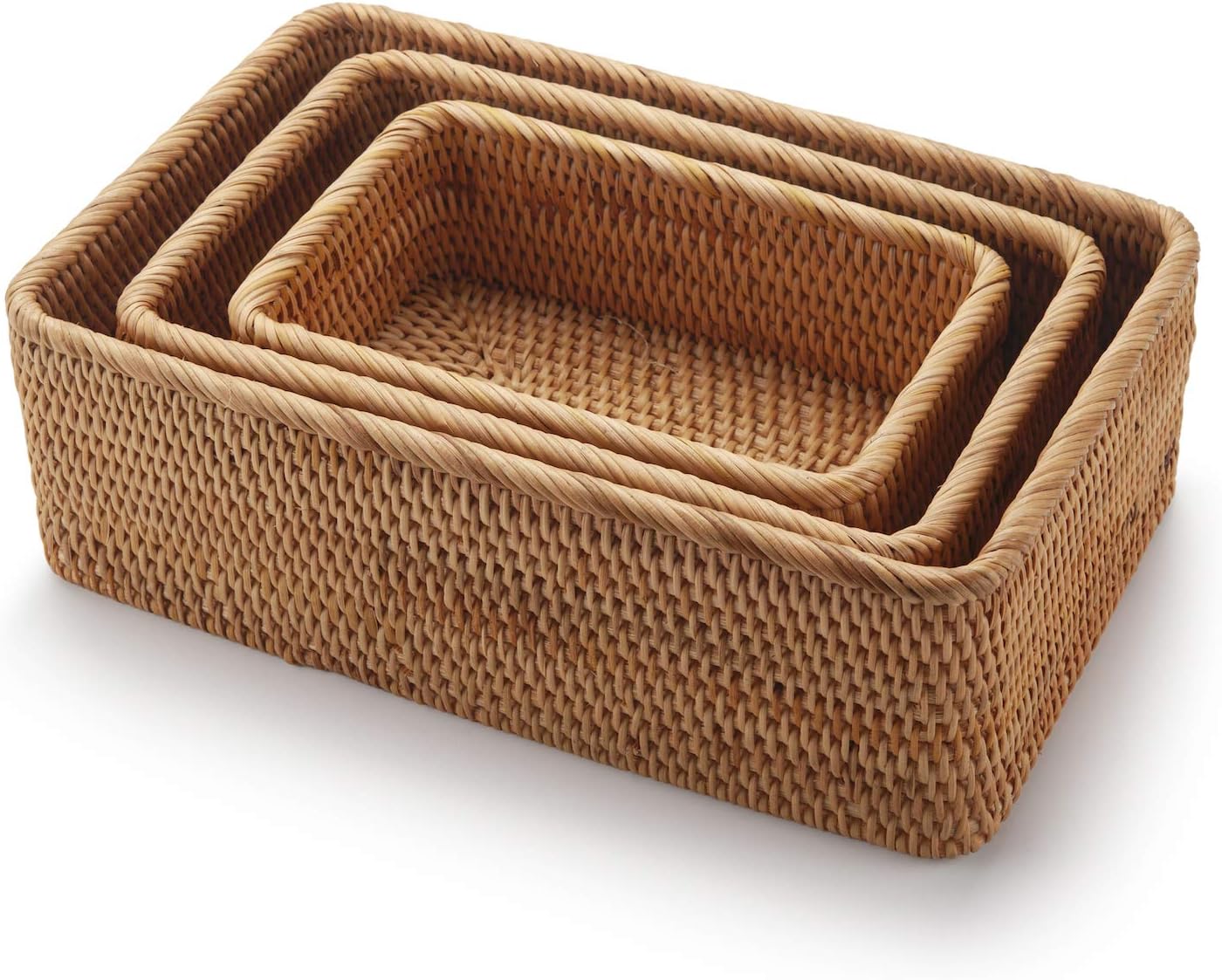 Round Rattan Fruit Baskets Woven Storage Bowls Key Holder Stackable for Shelf Kitchen Tabletop Natural Set of 3