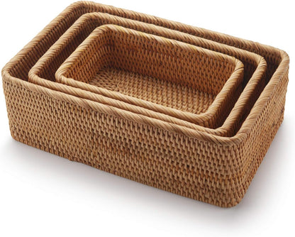 Round Rattan Fruit Baskets Woven Storage Bowls Key Holder Stackable for Shelf Kitchen Tabletop Natural Set of 3