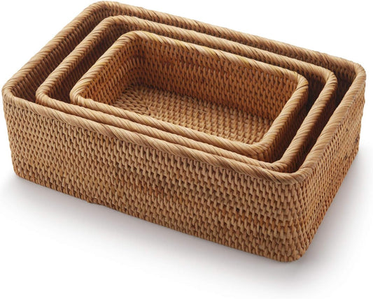 Round Rattan Fruit Baskets Woven Storage Bowls Key Holder Stackable for Shelf Kitchen Tabletop Natural Set of 3