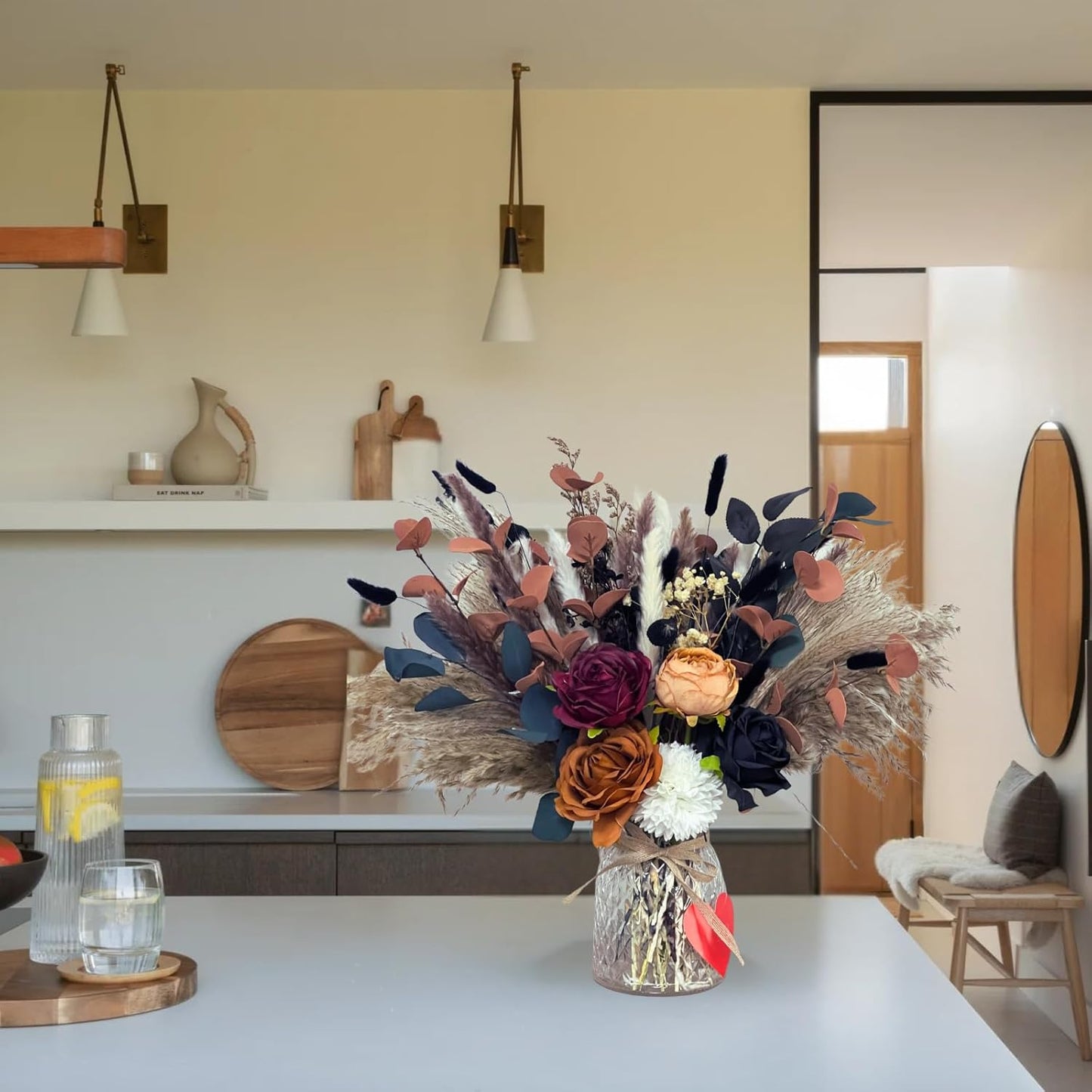 100pcs Artificial Flowers Arrangement With Vase Included, Dining Table Centerpiece Decorations, Fake Flowers in Vase, Dried Pampas Grass Floral Centerpieces, Coffee Table Decor, Centro de Mesa