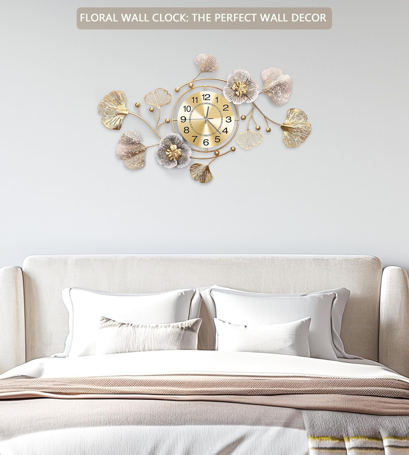 Clocks for Living Room, Large Wall Clock, 3D Silent Wall Clock, Retro Metal Ginkgo Leaf Design, for Bedroom Kitchen Decorative Wall Clocks（32''x18'' ）