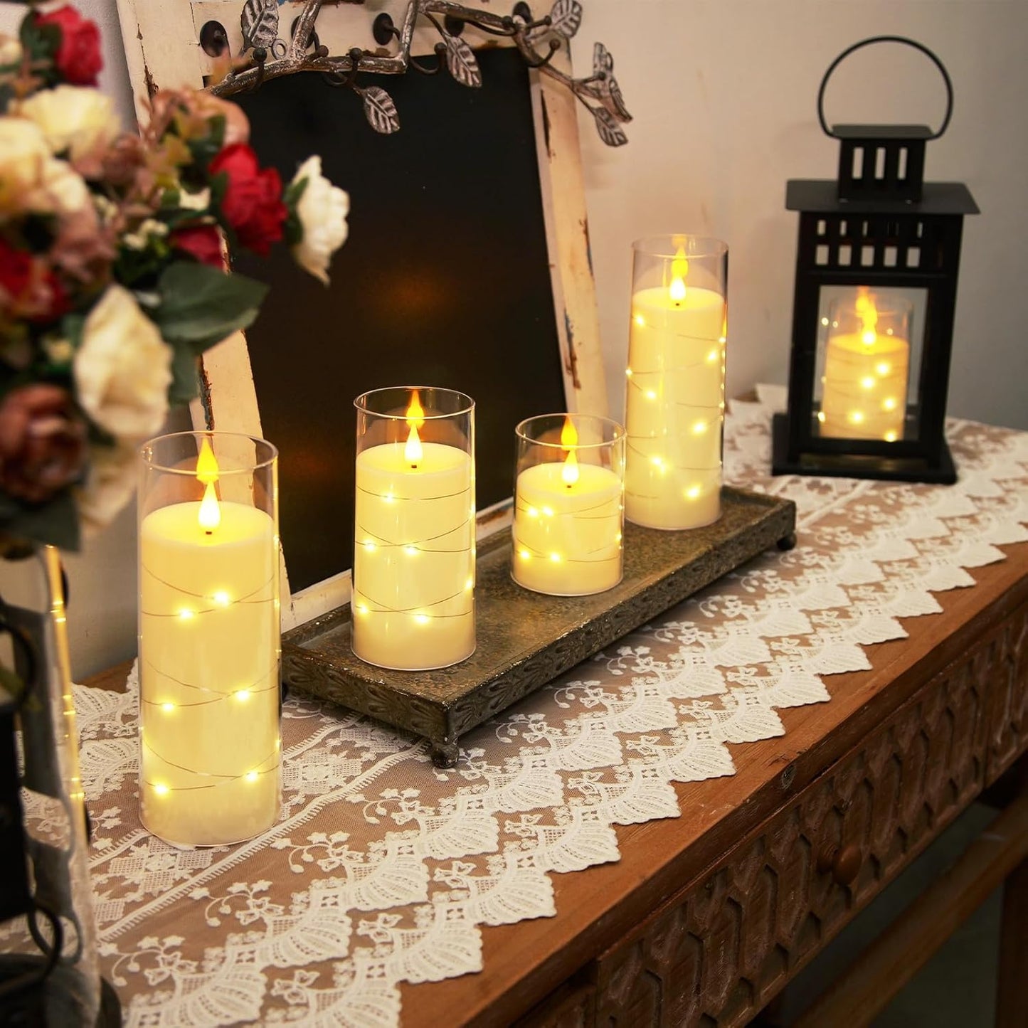 Homemory Flameless Candles with Embedded Star String Fairy Lights, Battery Operated Candles, LED Candle, Fake Candles with Remote Control and Timer for Halloween, Gray Acrylic, Set of 5(H4"5"6"8"8")