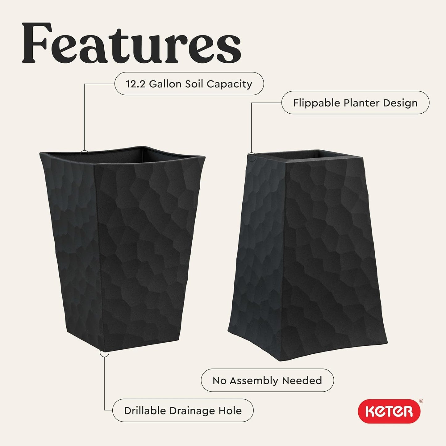 Keter Set of 2 Resin Modern Outdoor 22 Inch Tall Large Flower Pots, Tapered Wood Look Planters for Outdoor Plants and Front Porch Decor, Graphite