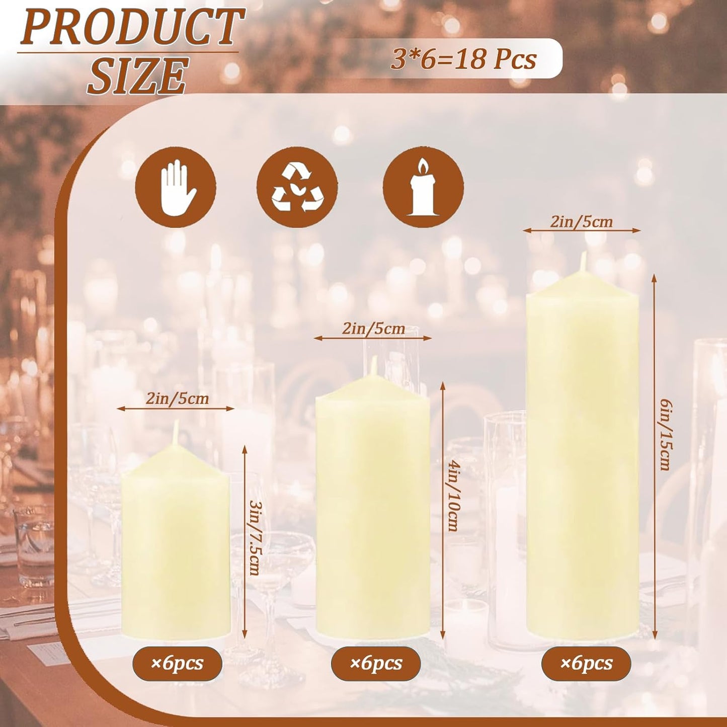 18 Pcs Ivory Pillar Candles Bulk Set，3 Different Lengths 2 x 3/4/6 Inch (6 Each)，Hurricane Candles，Dripless Unscented Smokeless，Gives You a Better Atmosphere When Organizing an Event Party.