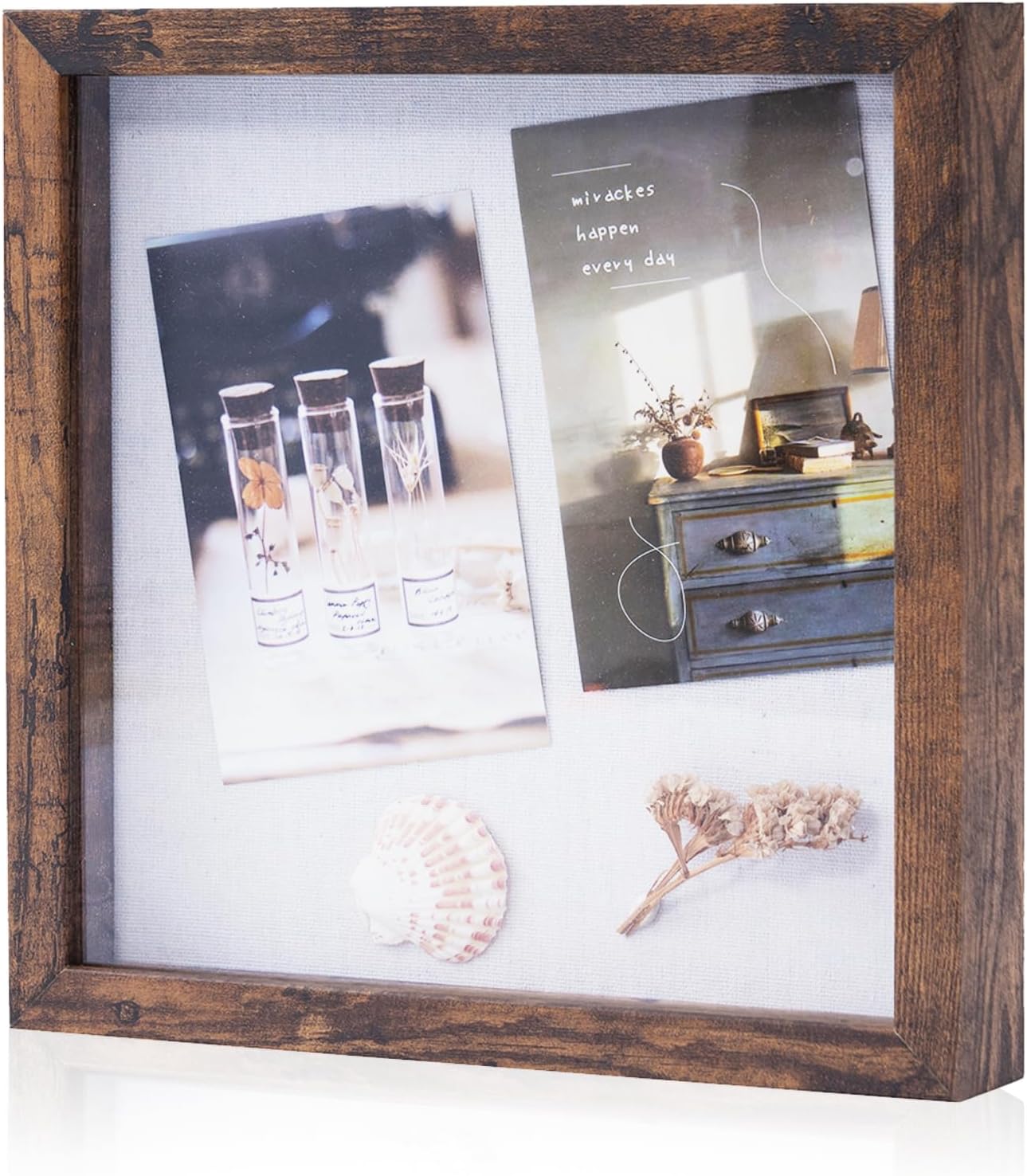 Muzilife 8x8 Shadow Box Picture Frame with Linen Board - Deep Wood & Glass Display Case Ready to Hang Memory Box Baby Sports Memorabilia, Pins, Awards, Medals, Wedding, Tickets and Photos (Black)