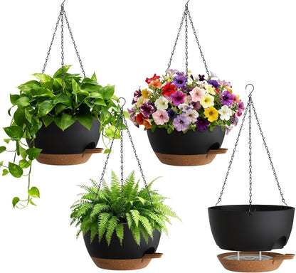 UOUZ Set of 3-10 Inch Self Watering Hanging Planters for Indoor Outdoor，Hanging Plant Pots with Drainage & Removable Tray, Hanging Pots Holder for Ivy, Pothos, Ferns, Balcony & Patio, Black with Brown