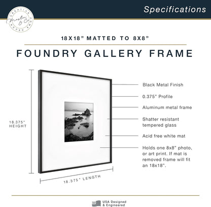 MCS Master & Co. Foundry Metal 18x18 Matted Picture Frame with 8x8 Photo Display, Black Vertical & Horizontal Wall Hanging Frame for Photos & Artwork (1-Pack)