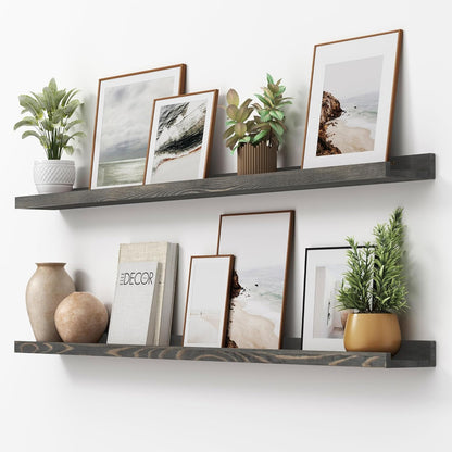 FLYJOE Picture Ledge Shelf, Floating Shelves Set of 2, Solid Pine Wood 55'' Long Large Nursery Book Shelves for Toys Storage, Kids Bookshelf for Living Room Bedroom Decor Books Photo Frames, Walnut