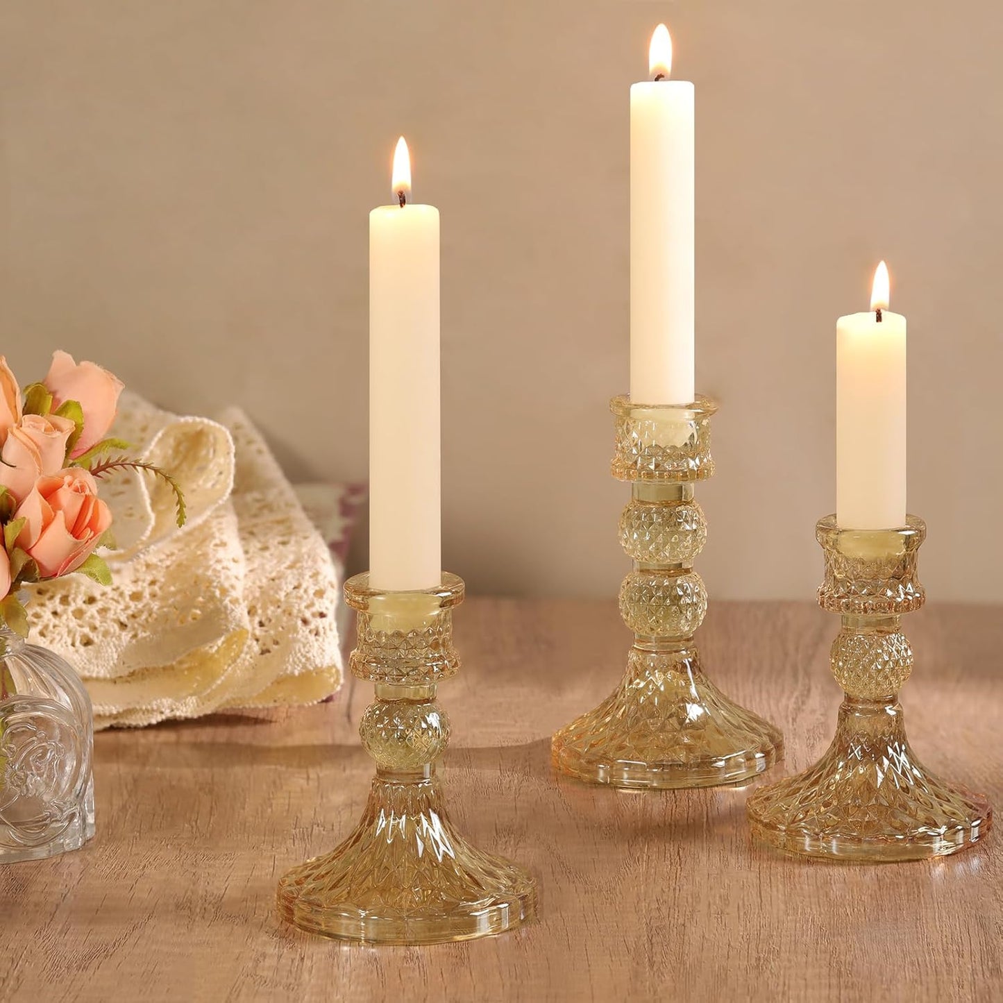 DARJEN 6Pcs Gold Candlestick Holders Set - 4" H & 5" H Striped Taper Candle Holders Bulk, Glass Candle Holders for Wedding, Festival, Party, Table Centerpiece, Gifts