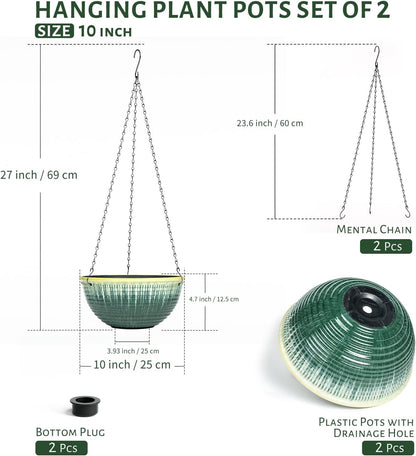 12 inch Large Hanging Planters for Indoor Outdoor Plants, Set of 2 Glazed Hanging Flower Pots with Drainage Hole, Hanging Baskets for Garden Home Porch Decor