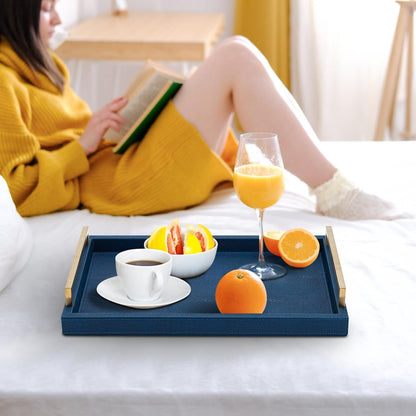 XIGEXIGE Ivory Shagreen Decorative Tray Large Rectangle Coffee Table Tray for Ottoman Faux Leather Serving Tray with Brushed Gold Handles