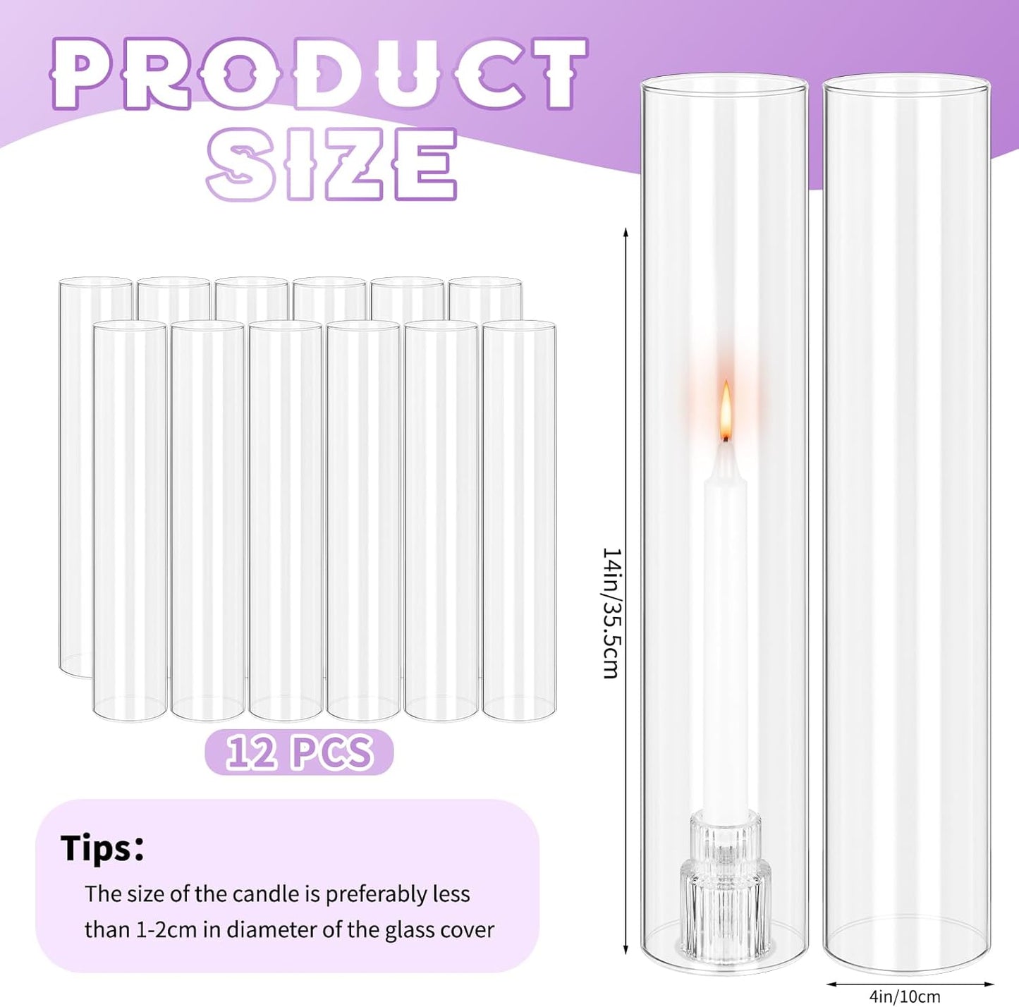 24 PCS Hurricane Candle Holder, 2.5" W x 14" H Open Ended Glass Candle Cylinder Sleeve, Clear Glass Cylinder Candle Holder, Open Flame Candle Chimney Tube Cover, Bottomless Cylindrical Glass