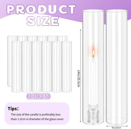 24 PCS Hurricane Candle Holder, 2.5" W x 14" H Open Ended Glass Candle Cylinder Sleeve, Clear Glass Cylinder Candle Holder, Open Flame Candle Chimney Tube Cover, Bottomless Cylindrical Glass