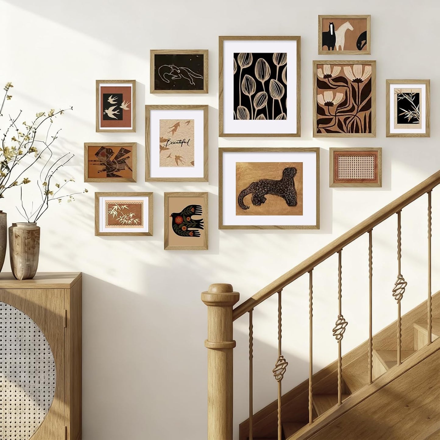 Egofine Picture Frame Set 12 Pack, Picture Frames Collage Wall Decor with Two 11x14, Two 8x10, Four 5x7, Four 4x6 for Wall and Tabletop, Made of Solid Wood, Covered by Plexiglass, Natural Wood