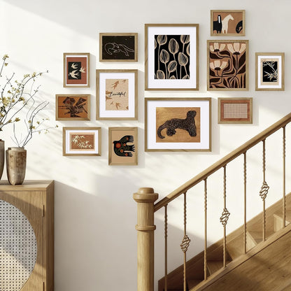 Egofine Picture Frame Set 12 Pack, Picture Frames Collage Wall Decor with Two 11x14, Two 8x10, Four 5x7, Four 4x6 for Wall and Tabletop, Made of Solid Wood, Covered by Plexiglass, Natural Wood