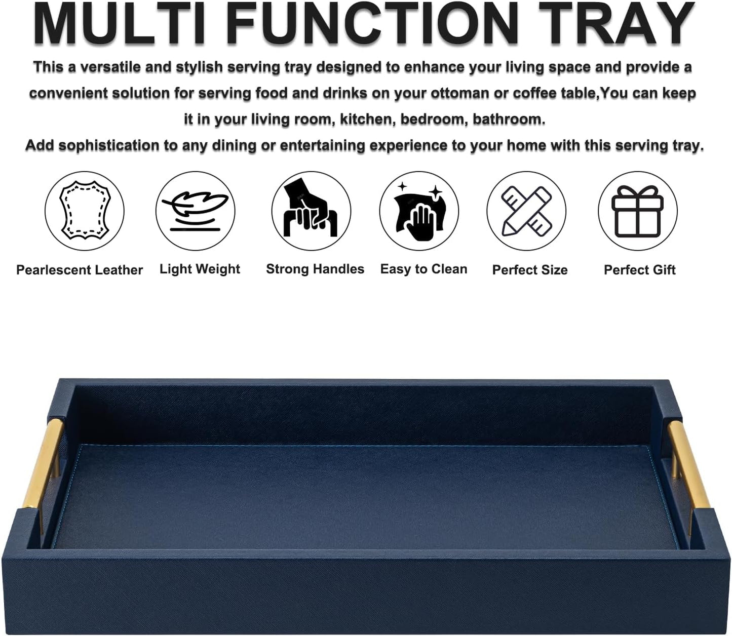 Beige Faux Leather Serving Tray with Handles – Large Decorative Tray for Coffee Table, Ottoman, Living Room, Bathroom – Home Decor