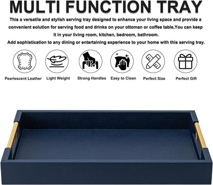 Beige Faux Leather Serving Tray with Handles – Large Decorative Tray for Coffee Table, Ottoman, Living Room, Bathroom – Home Decor