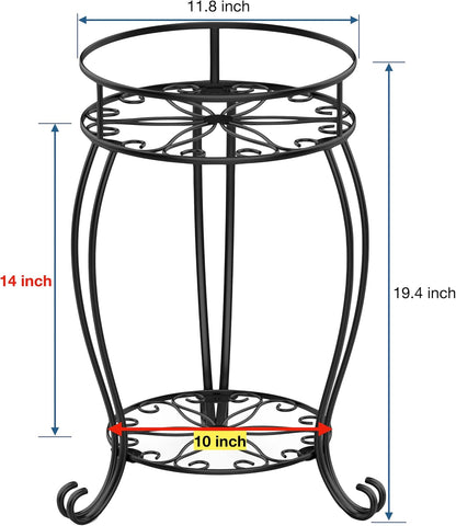 FaithLand 2 Pack Metal Plant Stands, Tall Planter Holder Indoor Outdoor, 2 Tier Round Potted Supports Rack, Corner Display Shelf Black