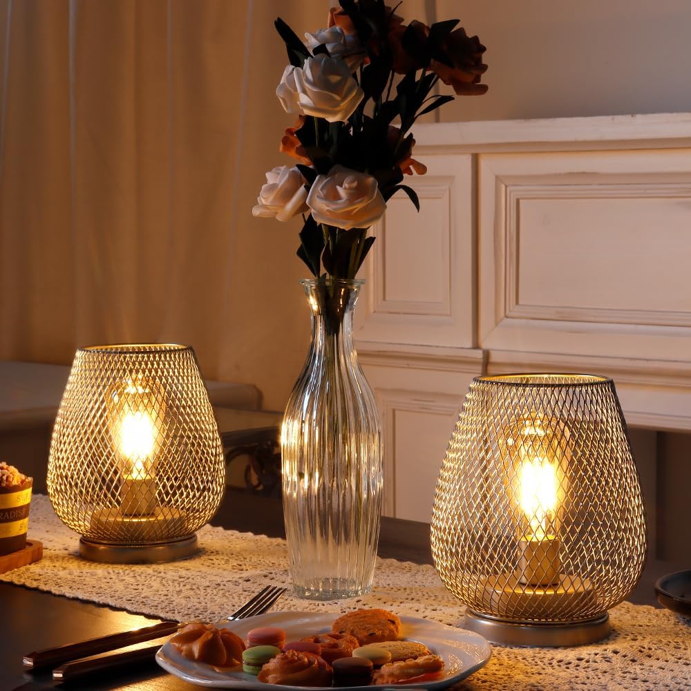 JHY DESIGN Set of 2 Metal Cage LED Lantern Battery Powered Cordless Accent Light with LED Great for Weddings Parties Patio Events for Indoors Outdoors