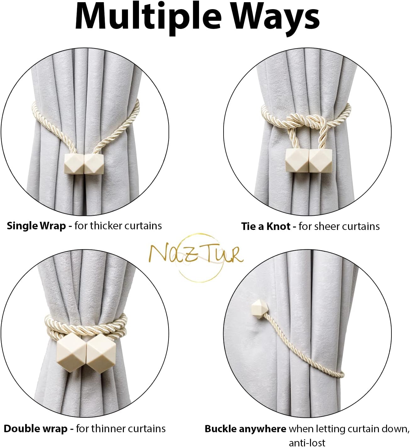 NazTur Magnetic Curtain Tiebacks- Upgrade 2022 with a Thicker Twist Rope & Strong Magnet Tieback Window Treatment Holdbacks Draperies Holders Decorative Drape Handmade Tie Back (Black, 2)