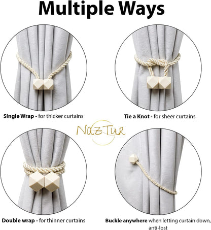 NazTur Magnetic Curtain Tiebacks- Upgrade 2022 with a Thicker Twist Rope & Strong Magnet Tieback Window Treatment Holdbacks Draperies Holders Decorative Drape Handmade Tie Back (Black, 2)